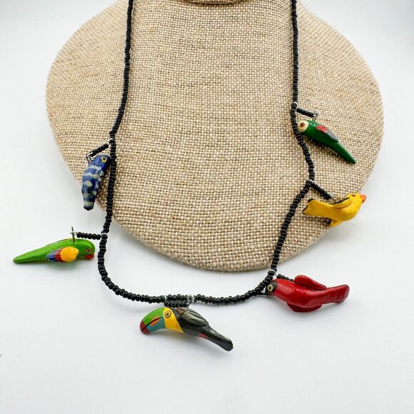Vintage UPAVIM Guatemala Ceramic Bird Necklace Hand Painted Folk Art Fair Trade - Picture 3 of 11